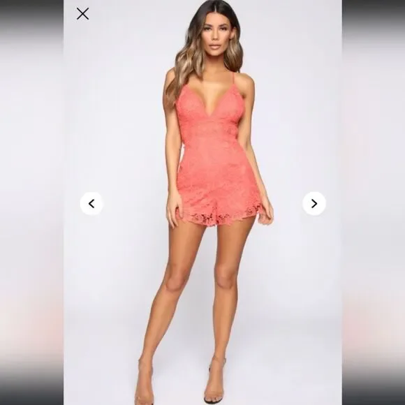 Fashion Nova Vibrant Coral (Orange/Pink) Lace Romper Size Large - Picture 3 of 8